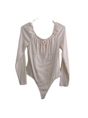 Cream Pointelle Ribbed Bodysuit Long Sleeve Ruched Milkmaid Coquette Balletcore
